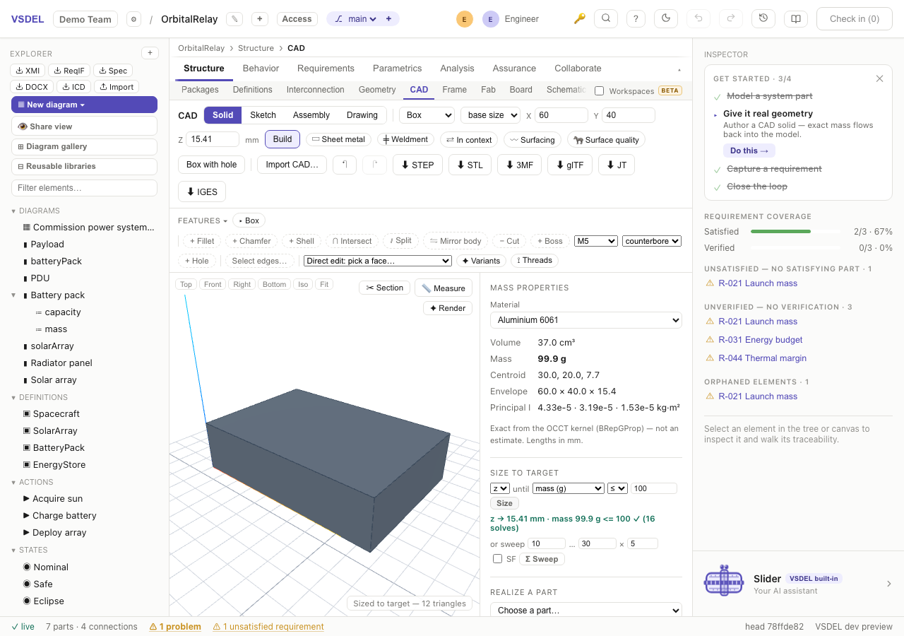 The sizing loop finding a plate thickness for a 100 g target