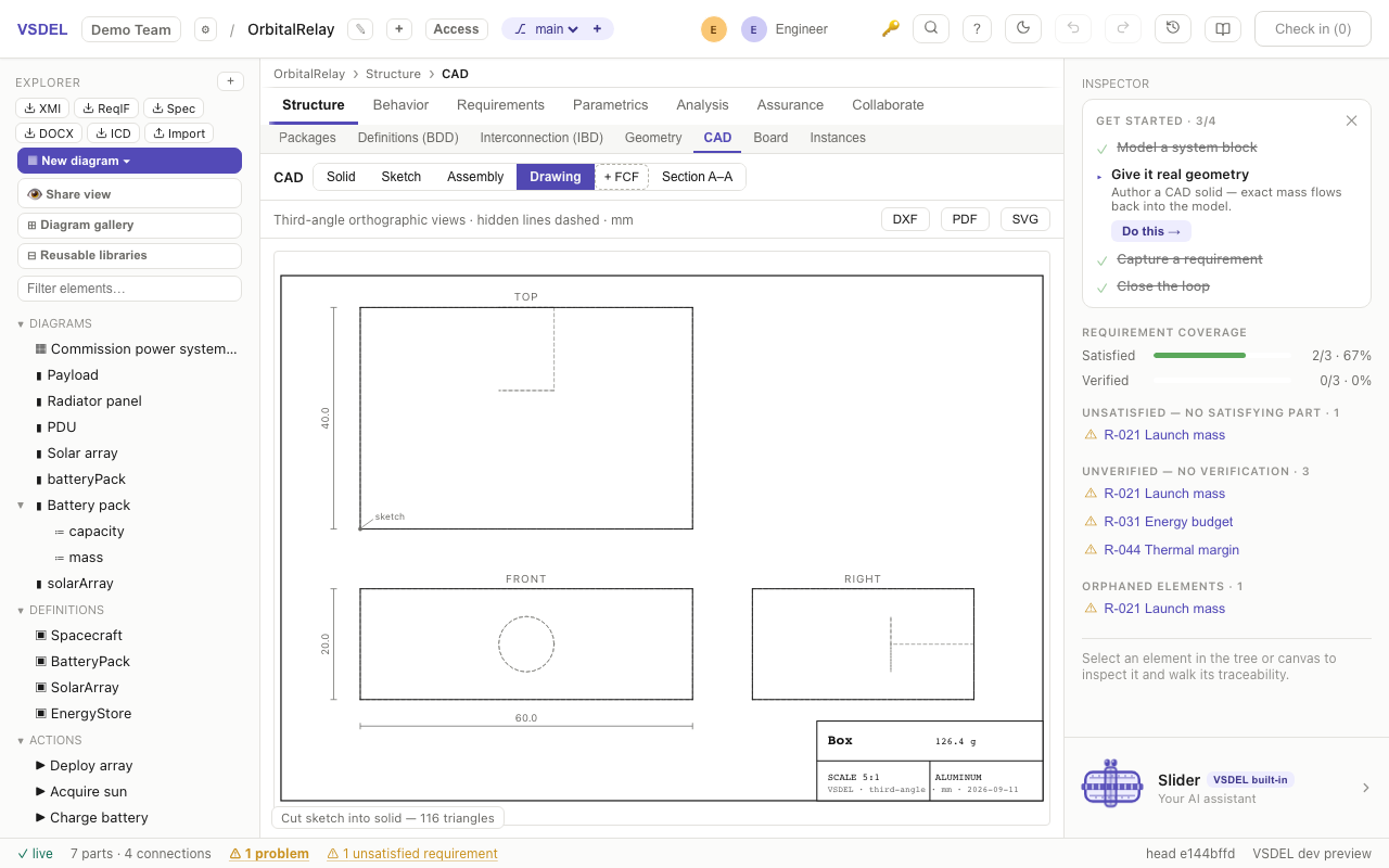 The drawing sheet with DXF, PDF and SVG export buttons