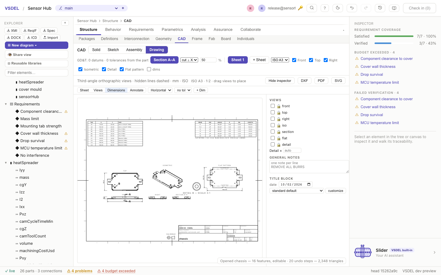 A drawing sheet with section, detail and flat-pattern views