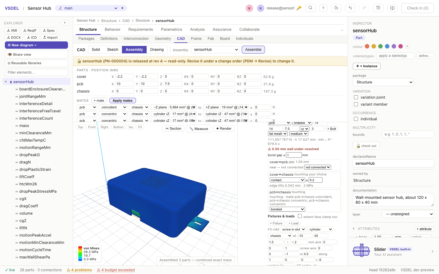 A stress result on a TET10 mesh with contact and a bolt