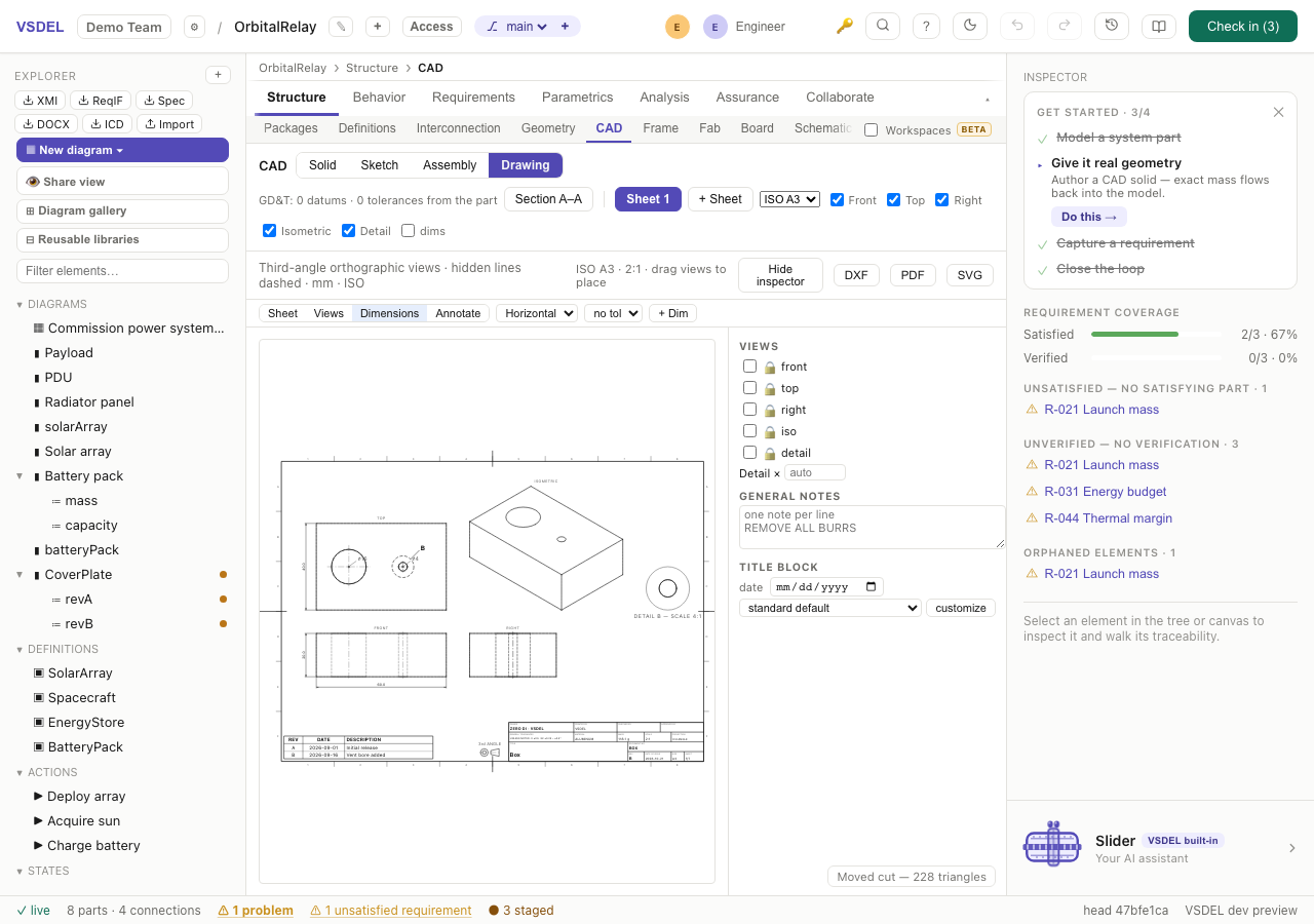 Drawing sheet with a DETAIL B magnified view and a revision table