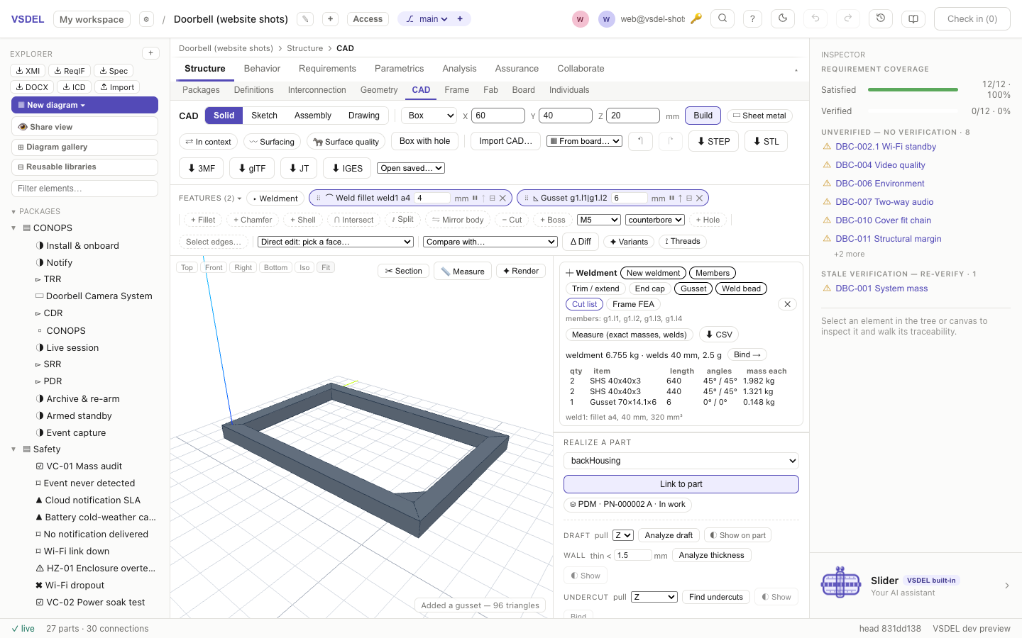 A weldment frame with its cut list