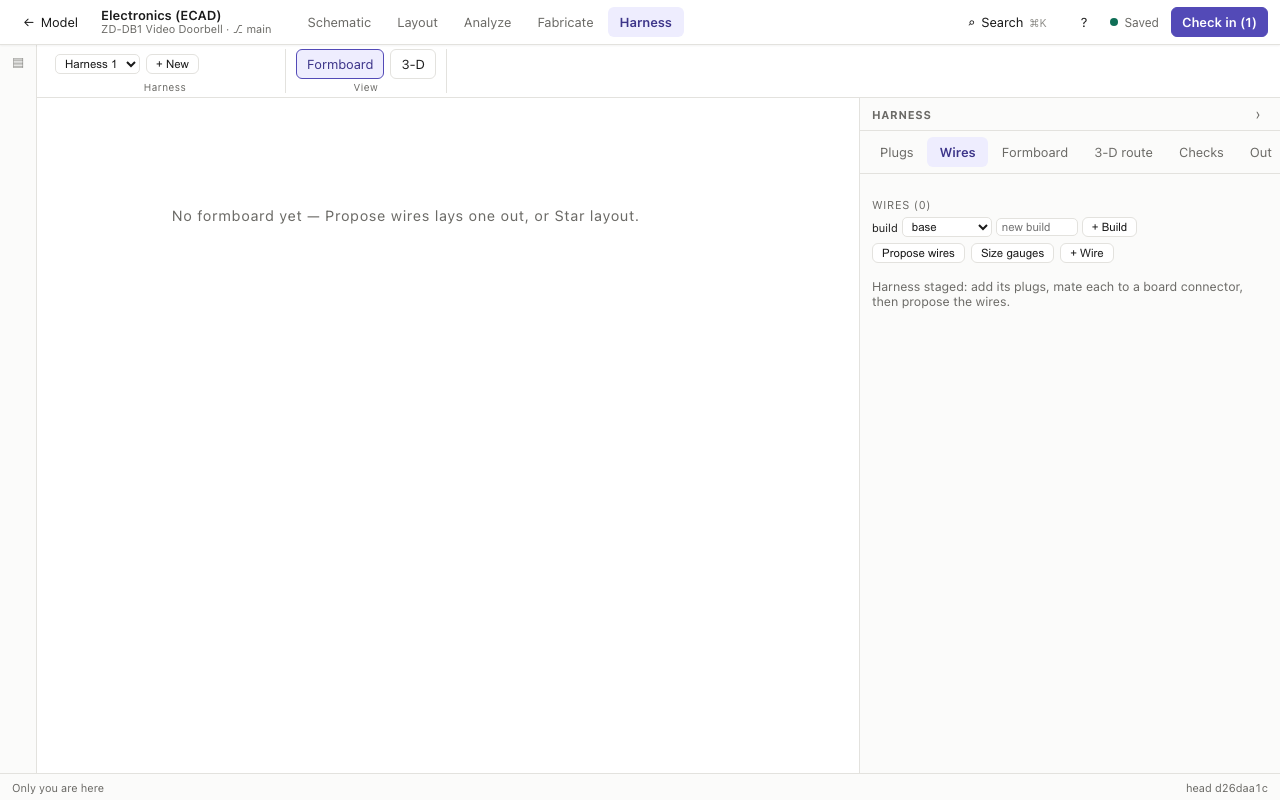 The Harness task: formboard canvas with the harness panel's tabs