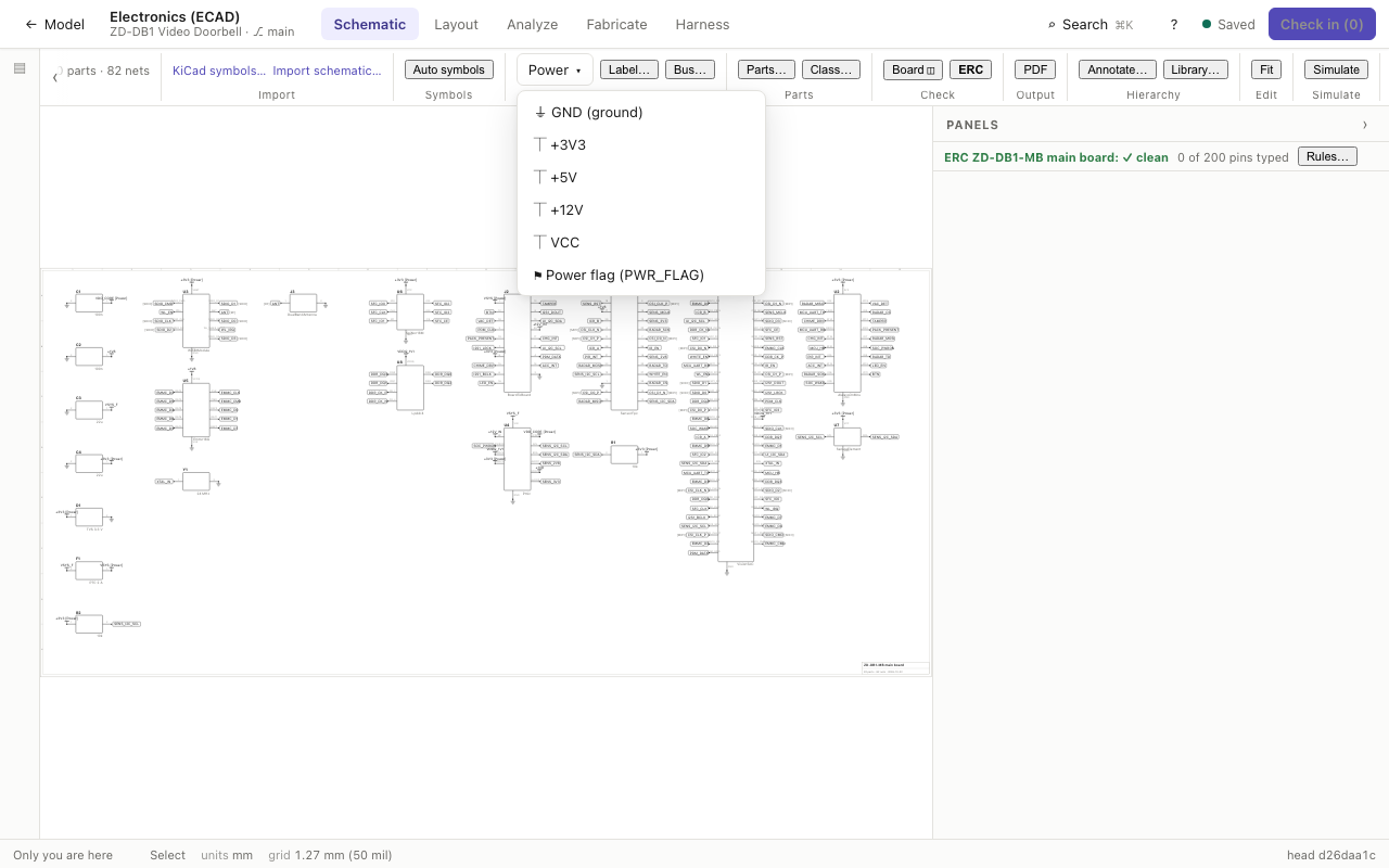 The schematic's Power menu open: GND, +3V3, +5V, +12V, VCC and Power flag