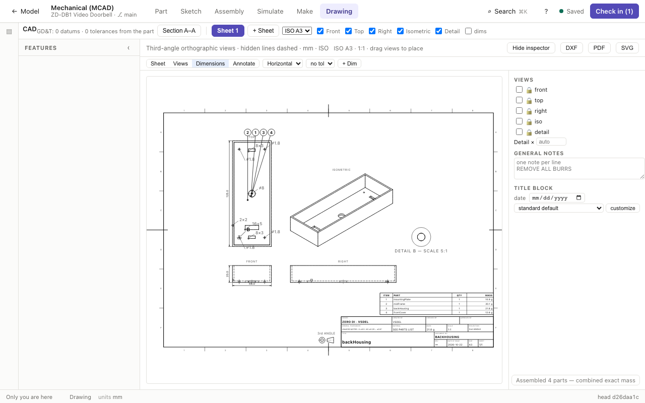 The Drawing task: an ISO A3 sheet of the back housing with views, dimensions and title block