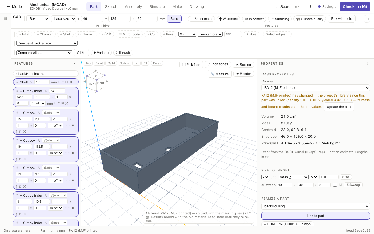 The back housing's Properties: its material changed in the project's library since it was linked, with Update the part
