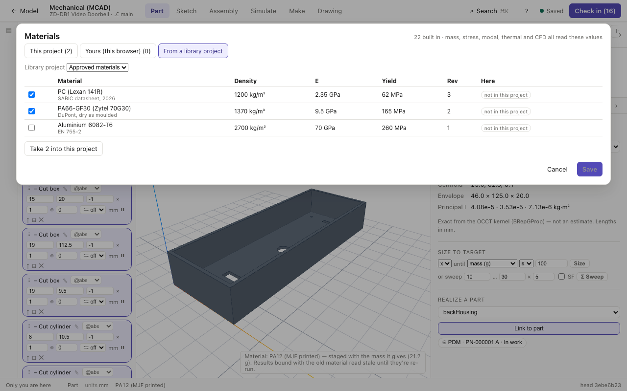 The From a library project tab listing the team's approved materials, two ticked to take in
