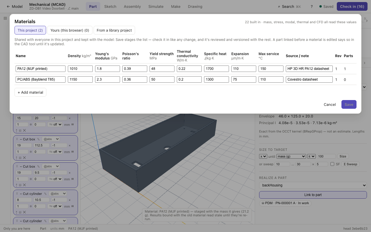 The Materials dialog on the This project tab: two shared materials with their notes, revisions and the parts made of them