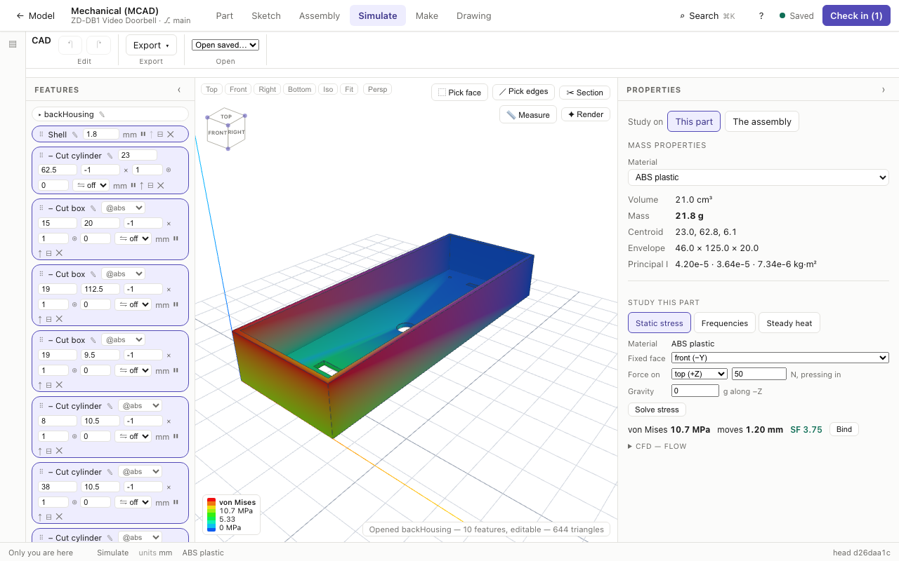 Simulate on This part: static stress on the back housing with its von Mises contour