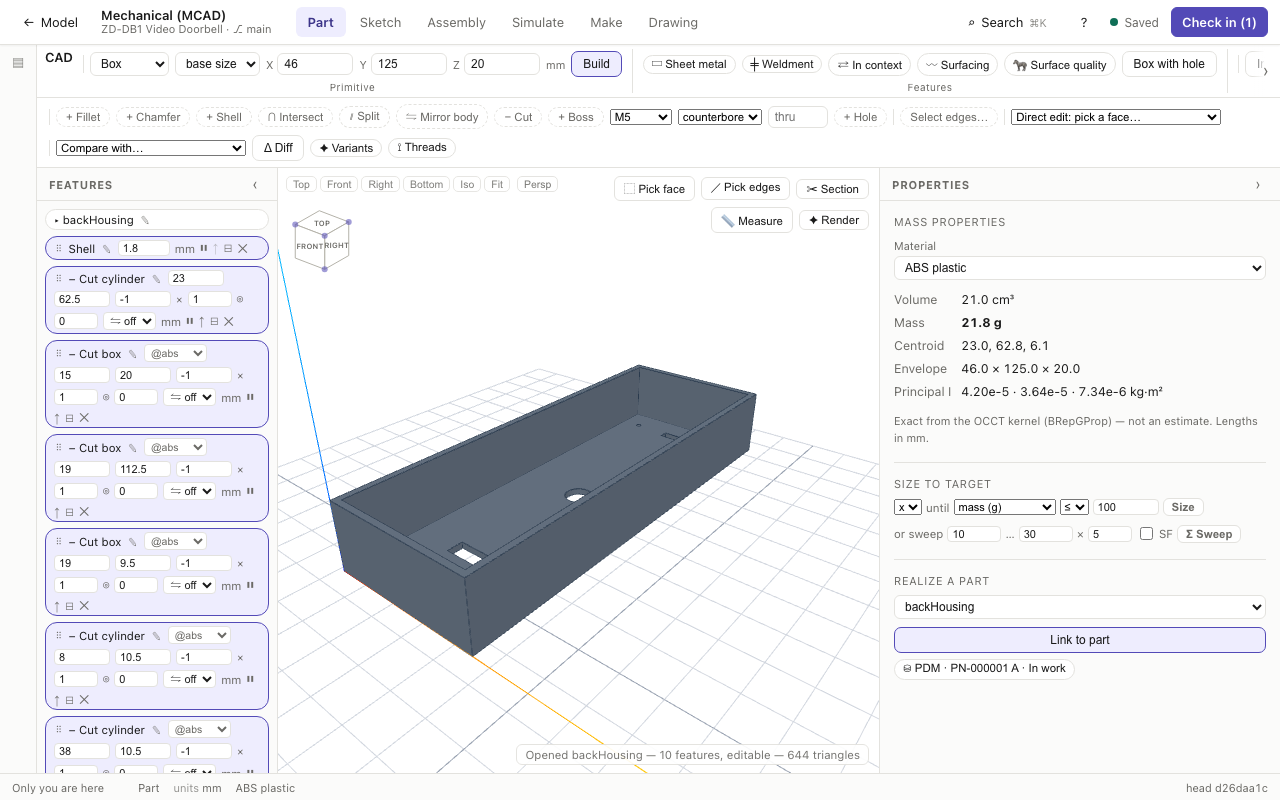 The MCAD workspace on the Part task: the Features column, the shelled back housing and its Properties