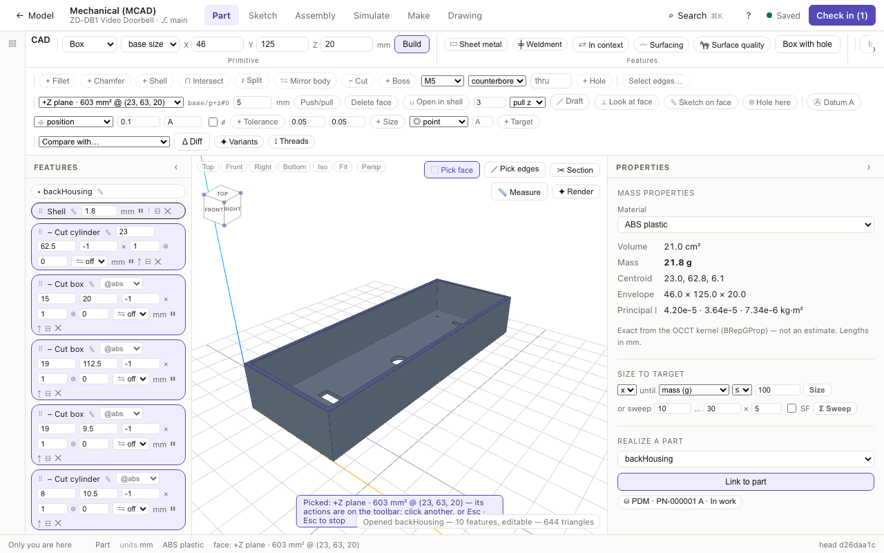 A face picked on the housing, tinted, with the face actions on the toolbar