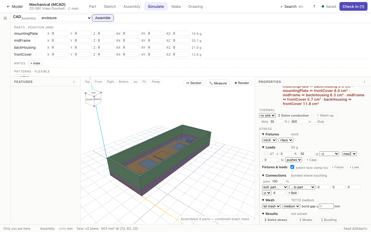 The assembly stress study as a tree of Fixtures, Loads, Connections, Mesh and Results