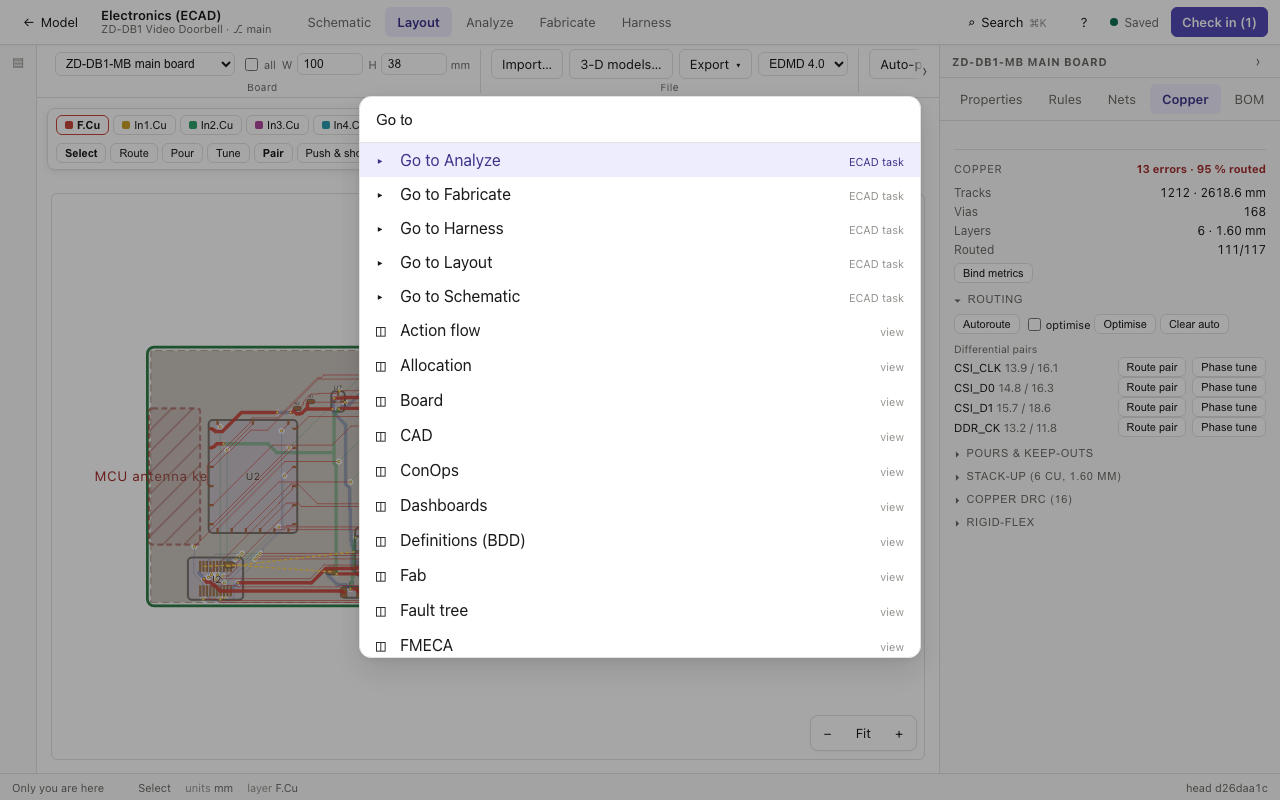 Search in a workspace listing Go to Schematic, Layout, Analyze and the other tasks